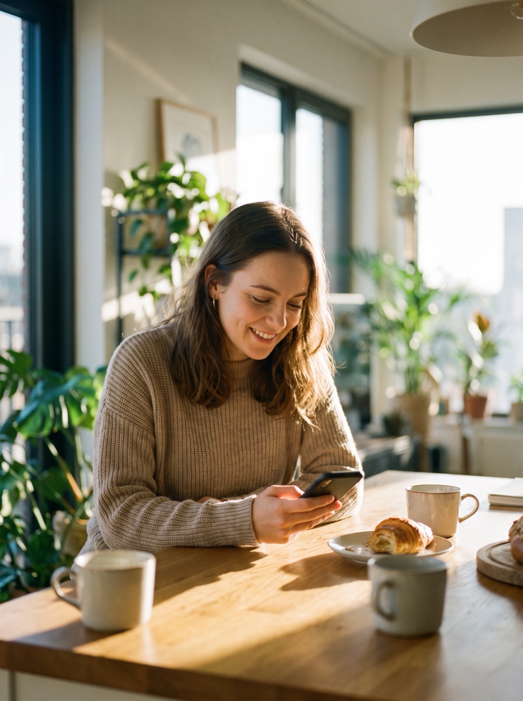 A person comfortably getting help on their phone at home