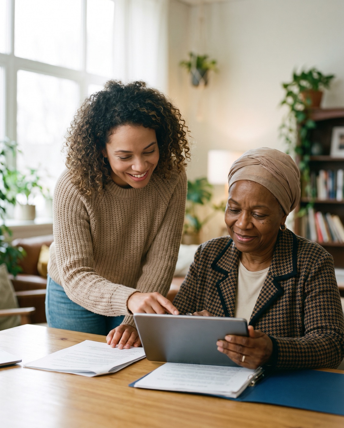 A community helper warmly assisting a newcomer with paperwork on a tablet